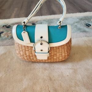 Coach White and Tan Woven Mini Bag with Blue Accent
